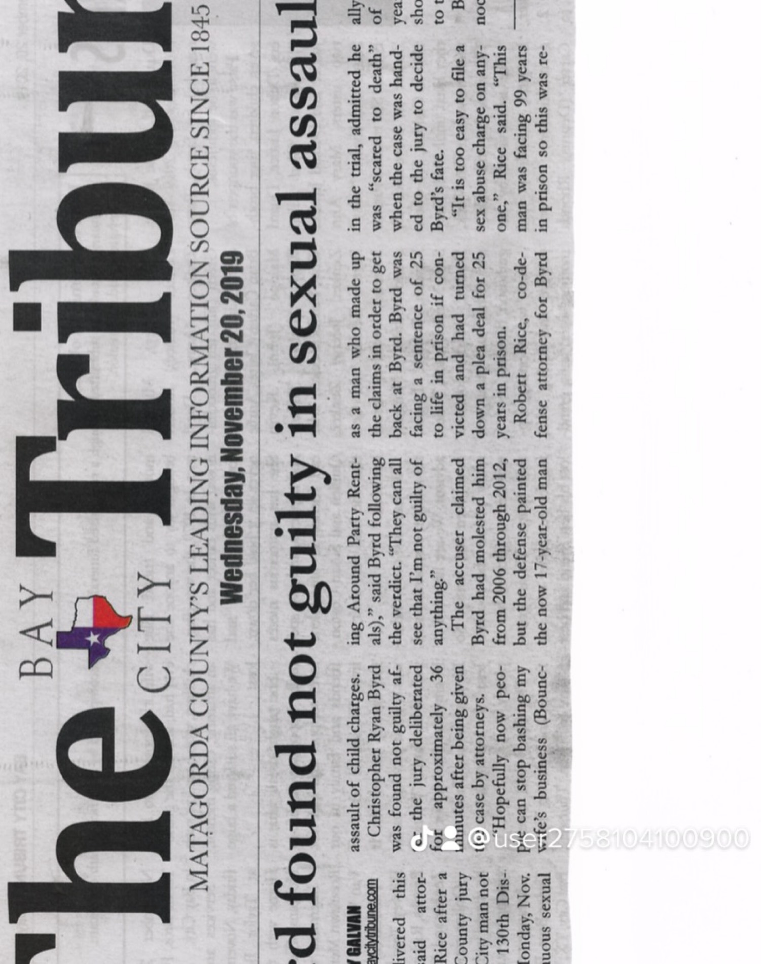 Bay City Tribune, November 20, 2019 — Byrd found not guilty