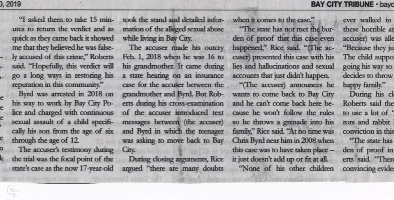 Bay City Tribune coverage quoting Shawn Roberts